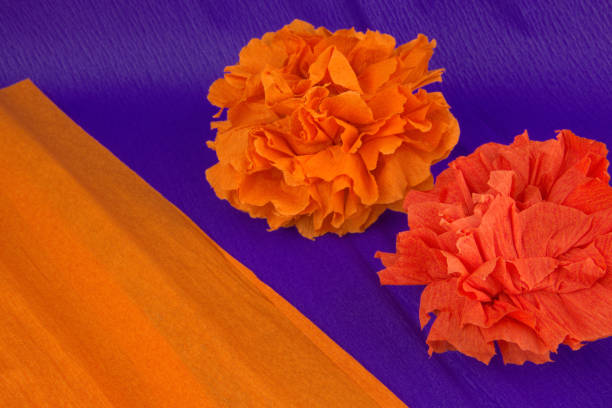 materials necesary to make  a crepe paper flower, crepe paper and a pipe cleaner, used in the festivity of dia de los muertos in latin america - erecta imagens e fotografias de stock
