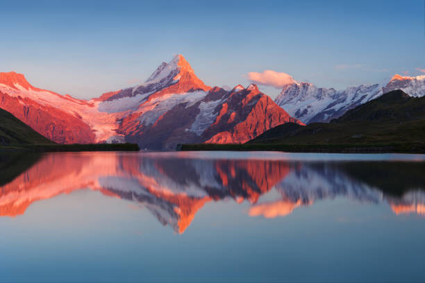 hermosa panorámica nocturna desde el lago bachalp / bachalpsee, suiza. pintoresca puesta de sol de verano en los alpes suizos, grindelwald, oberland bernés, europa.  belleza del fondo conceptual de la naturaleza. - grindelwald european alps blue sky fotografías e imágenes de stock