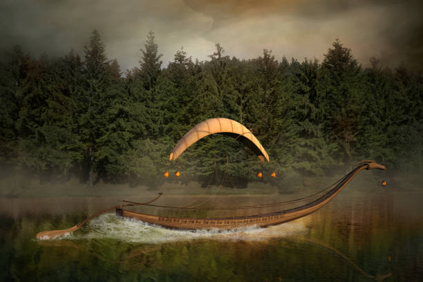Elf boat journey in the enchanted misty lake - 3D render