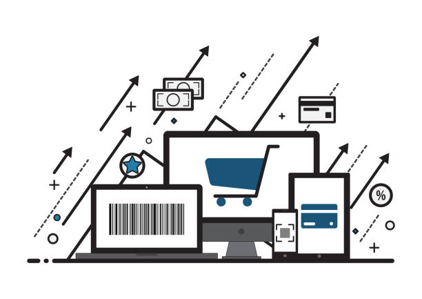인터넷 쇼핑 온라인 스타일 벡터 일러스트 디자인의 상승. 전자 상거래 시장 만화 개념의 성장. 바 코드, qr 코드, 신용 카드 및 송금을 스캔하여 물건을 구입하는 방법. - laptop retail e commerce store stock illustrations