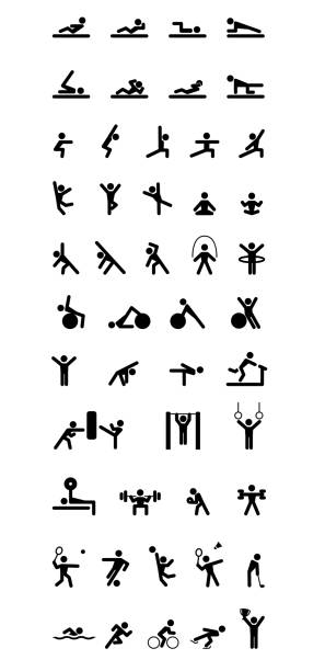 ilustraciones, imágenes clip art, dibujos animados e iconos de stock de iconos establecen fitness y deporte - agacharse ilustraciones