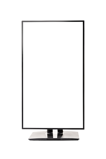 Vertical view of ultra high definition frameless computer monitor screen on white background