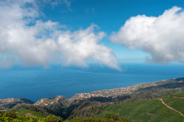 view from mountain to Calheta village by bright sunny day on Madeira Island