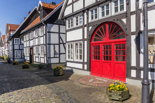 Red door in a half timbered house in Rheda, Germany