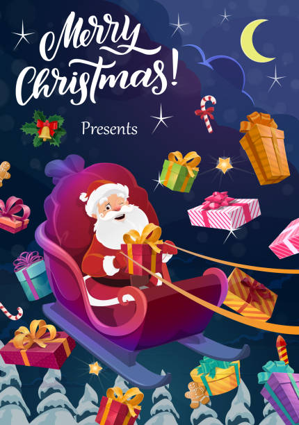 istock Santa with Christmas gifts flying on sleigh 1191196630