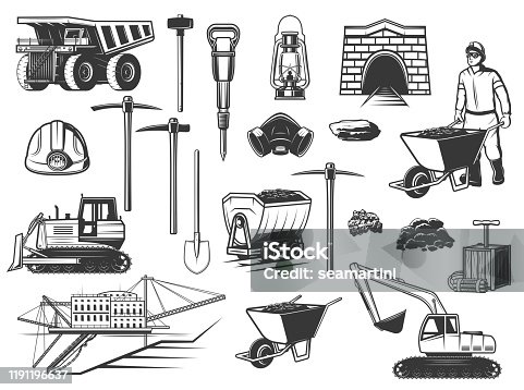istock Miner, helmet, pickaxe and mining equipment icons 1191196637
