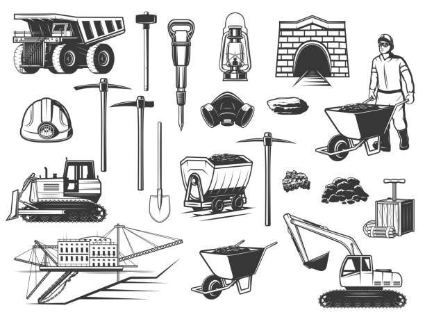 Miner, helmet, pickaxe and mining equipment icons Coal mining industry, miner and underground equipment icons. Vector mine worker, dump truck and helmet, pickaxe, shovel and ore pit, excavator, digger and rail cart, oil lamp and dynamite pick axe stock illustrations