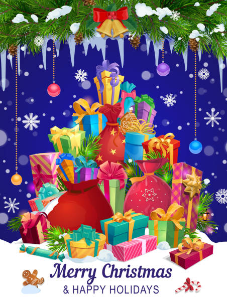 illustrations, cliparts, dessins animés et icônes de cadeaux de noel, nouvel an avec l'arbre de noel sur la neige - surprise gift box christmas present religious celebration