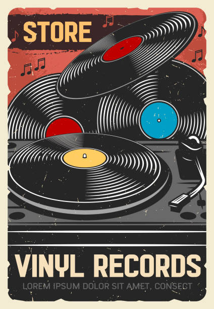 Musical instruments and vinyl records store Vinyl records store, vector vintage retro poster, music instruments and DJ musical equipment store. Vinyl record LP disks, modern gramophone phonograph and music notes dj decks stock illustrations