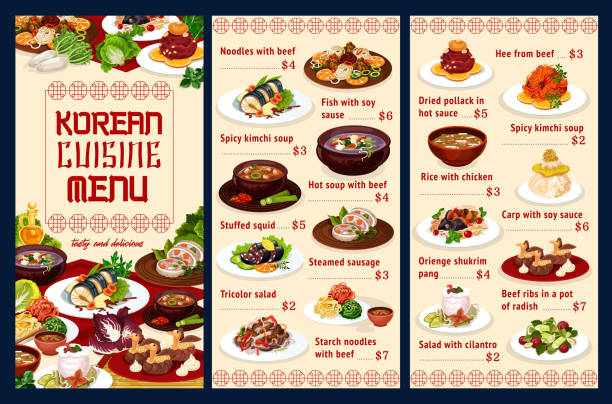 Korean cuisine menu, traditional asian food Korean cuisine noodles with beef, fish with soy sauce, spicy kimchi soup and stuffed squid, steamed sausage, tricolor salad. Starch noodles with beef and hee, dried pollack, shukrim pang. Vector menu korean food stock illustrations