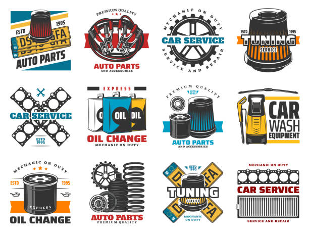 ilustraciones, imágenes clip art, dibujos animados e iconos de stock de reparación de vehículos e iconos de piezas de repuesto para automóviles - car motor vehicle towing repairing