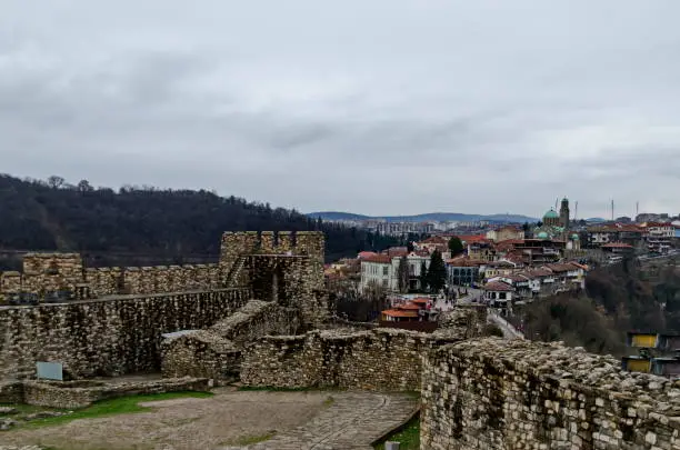 Springtime panorama of a ruins of Tsarevets, medieval stronghold located on a hill with the same name in Veliko Tarnovo, Bulgaria, Europe