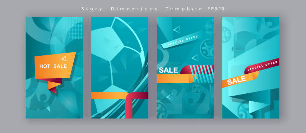 Soccer Abstract European Football Championship Banners Set green and blue gradient geometric shapes background vector pattern Soccer Abstract European Football Championship Brochure Covers Set. Green and blue gradient geometric shapes fluid dynamic background with sports game accessories icons symbols, award cup, soccer ball, kick, goal, gate, stars, Tournament league winner festival calendar pattern for social media web story post banner, brochure, poster, sale, advertising modern concept design, vector template italy soccer stock illustrations