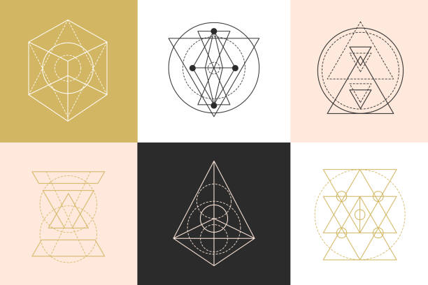 Vector sacred geometry shapes logotype designs set Vector sacred geometry shapes logotype designs set. Mono line minimal emblem, elegant modern abstract linear simple logo. Fashion Aztec mystery signs. Alchemy, astrology, esoteric, hipster symbols. alchemy illustrations stock illustrations