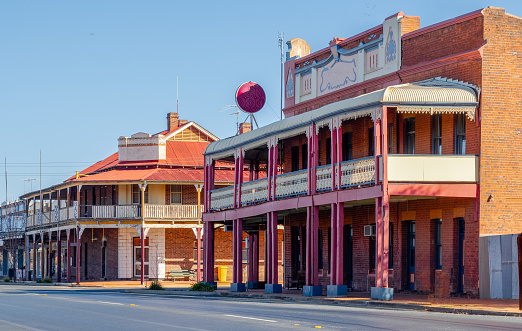Old hotels form a historic streetscape in the Victorian town of Rutherglen