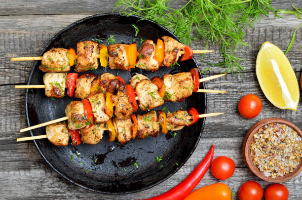 Appetizer chicken kebab Appetizer chicken kebab with vegetables. Top view, flat lay skewer photos stock pictures, royalty-free photos & images