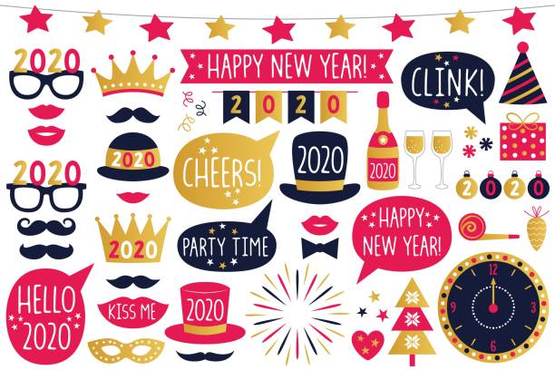 New Year 2020 vector party signs and photo booth props, isolated on white New Year 2020 vector party signs and photo booth props, isolated on white clock borders stock illustrations