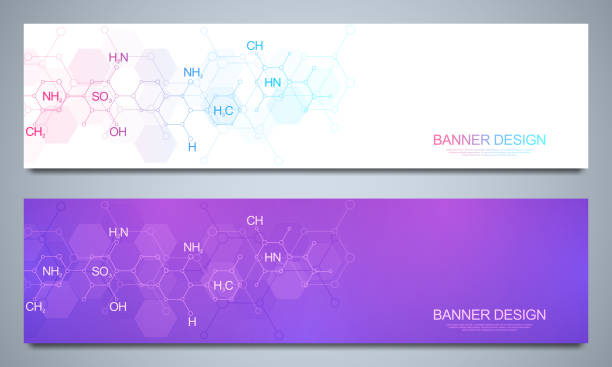 ilustrações, clipart, desenhos animados e ícones de banners modelo de design e cabeçalhos para o site com fundo de química abstrata e fórmulas químicas. conceito de tecnologia de ciência e inovação. site de decoração e outras idéias. - 4824