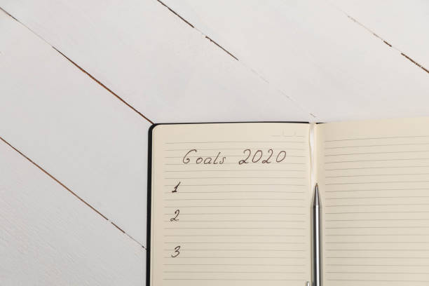 istock Top view composition with journal with handwritten words 