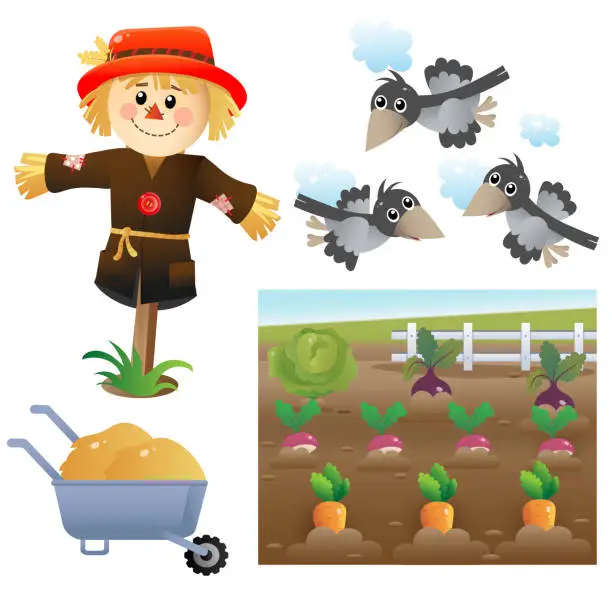 Vector illustration of Color images of cartoon stuffed or scarecrow with crows on white background. Vegetable garden. Vector illustration set for kids.