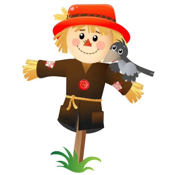 Vector illustration of Color image of cartoon stuffed or scarecrow with crow on white background. Vegetable garden. Vector illustration for kids.