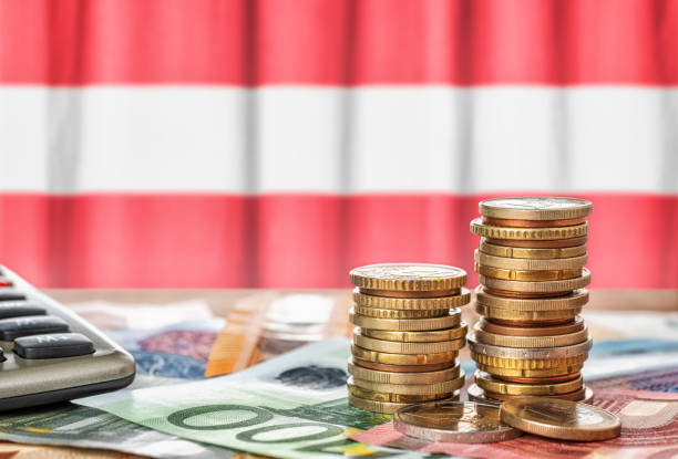 Euro banknotes and coins in front of the national flag of Austria stock photo