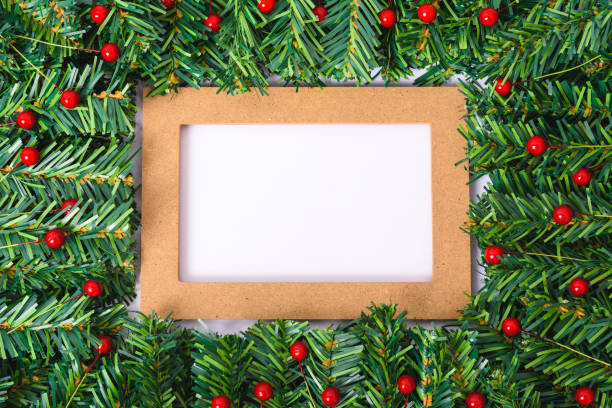 istock Happy New Year and Christmas day, top view flat lay composition decoration branches tree photo frame 1191205331
