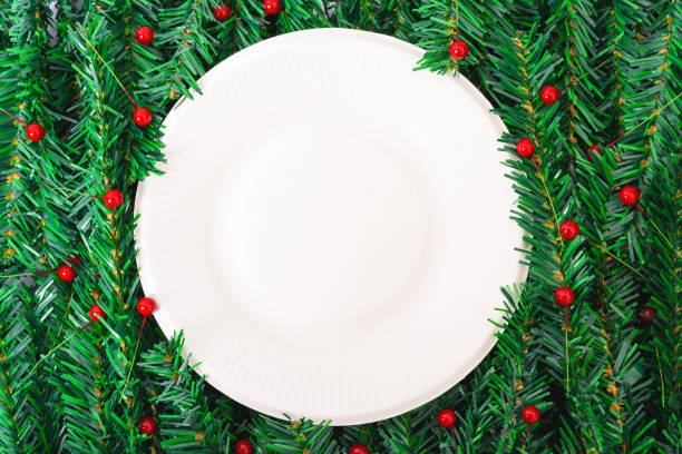istock Happy New Year and Christmas day, top view flat lay composition decoration branches tree, white round on white background 1191205354