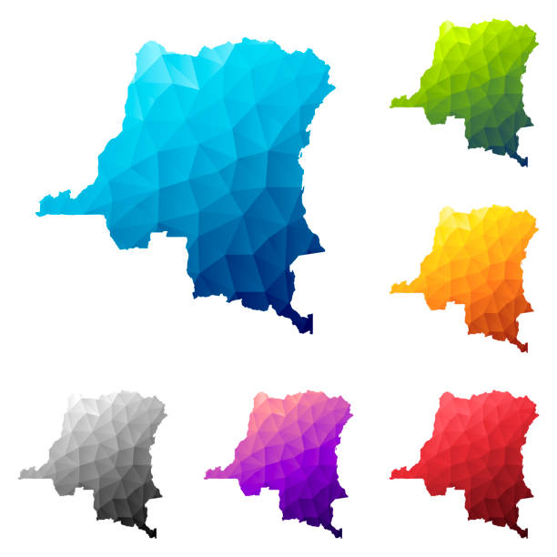 Democratic Republic of the Congo map in Low Poly style - Colorful polygonal geometric design Set of 6 Democratic Republic of the Congo maps created in a Low Poly style, isolated on a blank background. Modern and trendy polygonal mosaic with beautiful color gradients (colors used: Blue, Green, Orange, Yellow, Red, Pink, Purple, Black, Gray). Vector Illustration (EPS10, well layered and grouped). Easy to edit, manipulate, resize or colorize. kinshasa stock illustrations