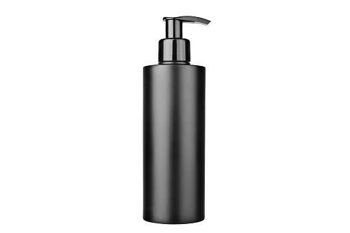 Black plastic cosmetics bottle with pump on white background isolated close up, soap dispenser container template, face cream, hair shampoo, body bath gel blank package mockup, studio shot, copy space