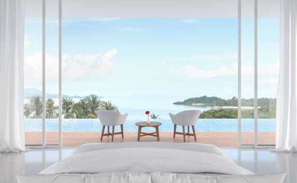Minimal bedroom with swimming pool and sea view 3d render
