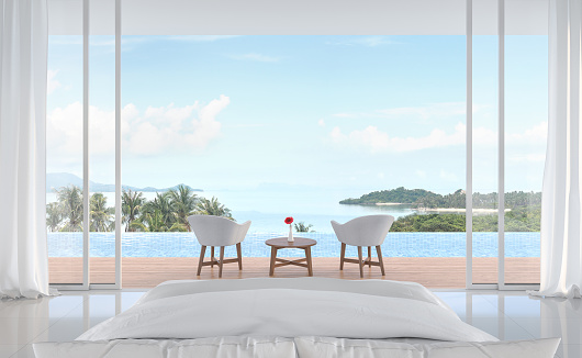 Minimal bedroom with swimming pool and sea view 3d render. White room. Wooden balcony decorated with white furniture. Sliding doors open to see nature.