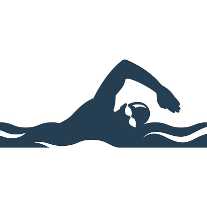 Swimming black silhouette. Athlete sports logo. Glyph icon freestyle swimmer glyph pictogram. Vector illustration flat design. Isolated on white background.