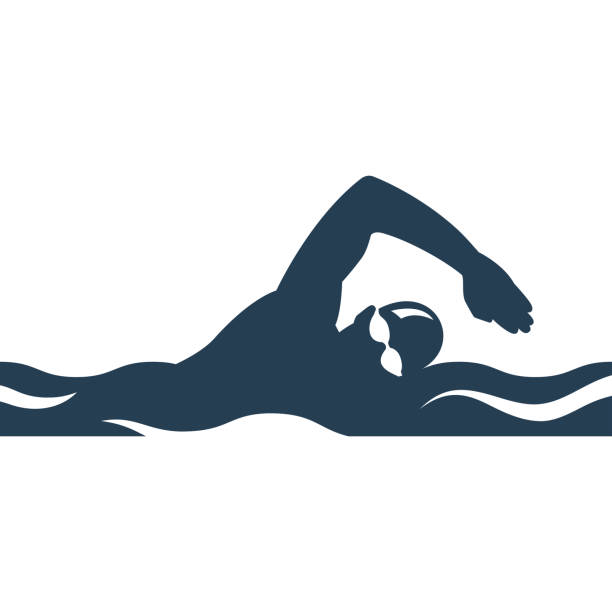 Swimming black silhouette. Athlete sports logo. Swimming black silhouette. Athlete sports logo. Glyph icon freestyle swimmer glyph pictogram. Vector illustration flat design. Isolated on white background. swimming symbols stock illustrations