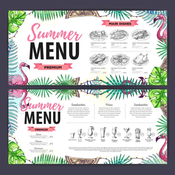 Vector illustration of Hand drawing summer menu design with flamingo and tropic leaves. Restaurant menu