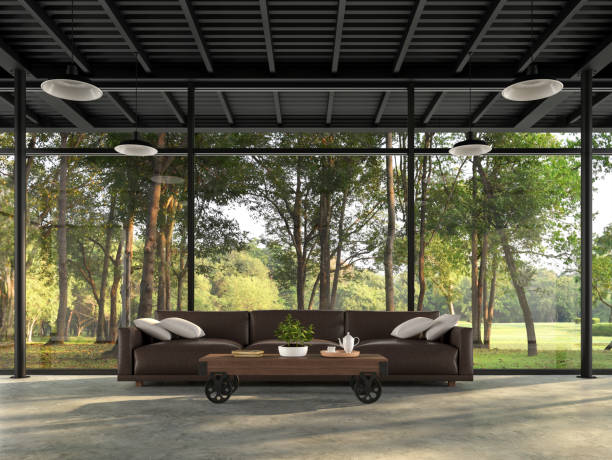 istock Industrial loft living room with nature view 3d render 1191215713