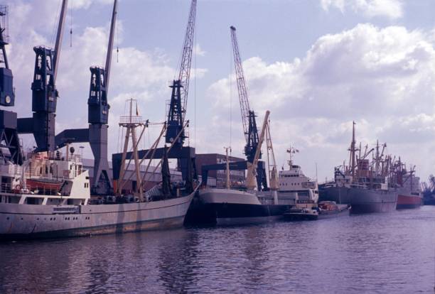 istock Cargo ships in Bremen harbor, 1970s 1191215811