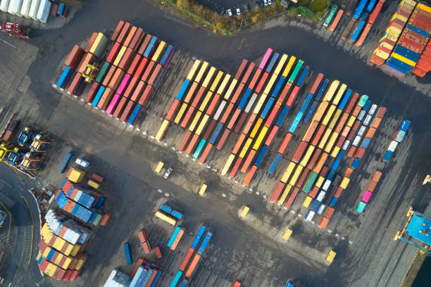 istock Container store at logistics port terminal for export with multi colour aerial view from above 1191215999