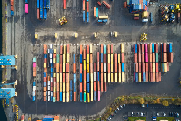 istock Container store at logistics port terminal for export with multi colour aerial view from above 1191216115