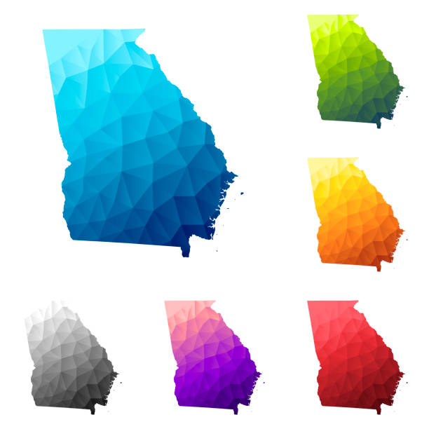 Georgia (USA) map in Low Poly style - Colorful polygonal geometric design Set of 6 Georgia (USA) maps created in a Low Poly style, isolated on a blank background. Modern and trendy polygonal mosaic with beautiful color gradients (colors used: Blue, Green, Orange, Yellow, Red, Pink, Purple, Black, Gray). Vector Illustration (EPS10, well layered and grouped). Easy to edit, manipulate, resize or colorize. georgia us state illustrations stock illustrations