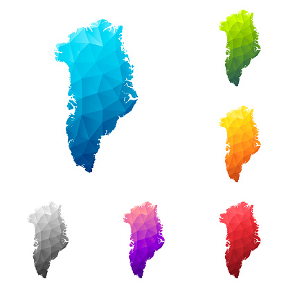 Set of 6 Greenland maps created in a Low Poly style, isolated on a blank background. Modern and trendy polygonal mosaic with beautiful color gradients (colors used: Blue, Green, Orange, Yellow, Red, Pink, Purple, Black, Gray). Vector Illustration (EPS10, well layered and grouped). Easy to edit, manipulate, resize or colorize.