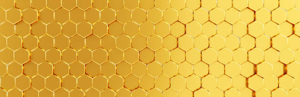 Network connection with financial business concept. Cryptocurrency block chain system of future banking technology. 3d rendering. Glossy surface. Futuristic surface with golden hexagons. Big data