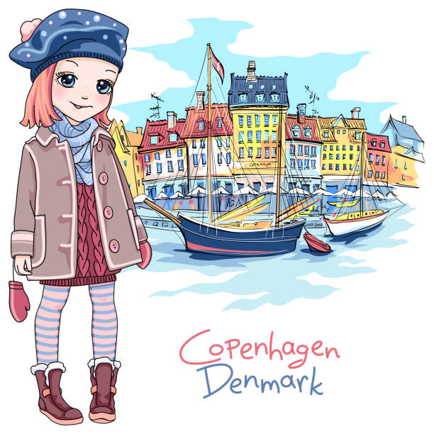 Nyhavn, Copenhagen, Denmark. Vector Cute Baby girl in winter clothes in harbor Nyhavn, Old Town of Copenhagen, capital of Denmark. nyhavn stock illustrations
