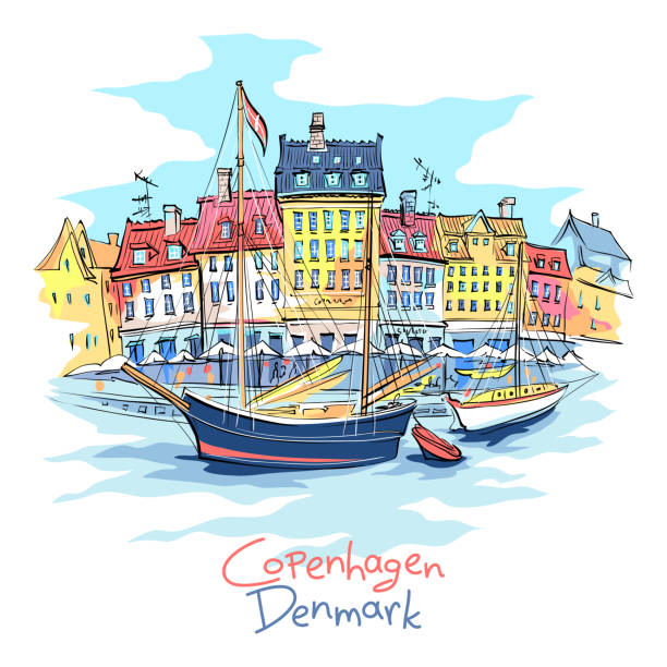 Nyhavn, Copenhagen, Denmark. Vector sketch of Nyhavn with colorful facades of old houses and old ships in the Old Town of Copenhagen, capital of Denmark. nyhavn stock illustrations