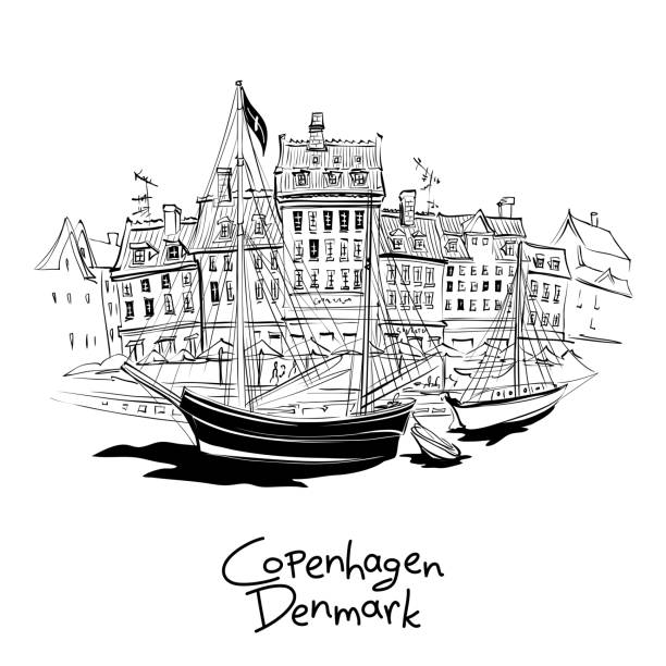 Nyhavn, Copenhagen, Denmark. Vector black and white sketch of Nyhavn with facades of old houses and old ships in the Old Town of Copenhagen, capital of Denmark. nyhavn stock illustrations