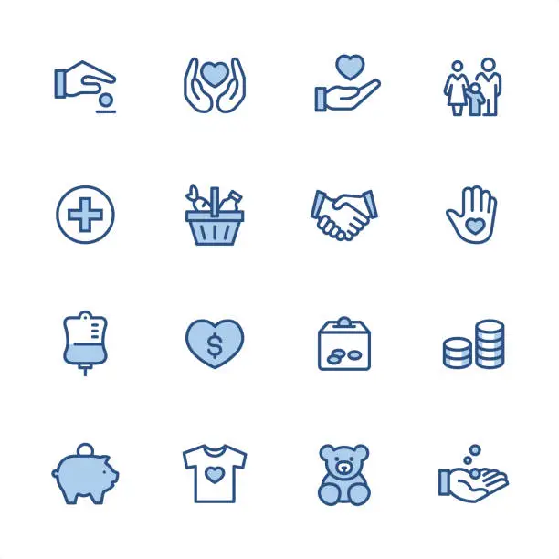 Vector illustration of Volunteer and Charity - Pixel Perfect blue outline icons