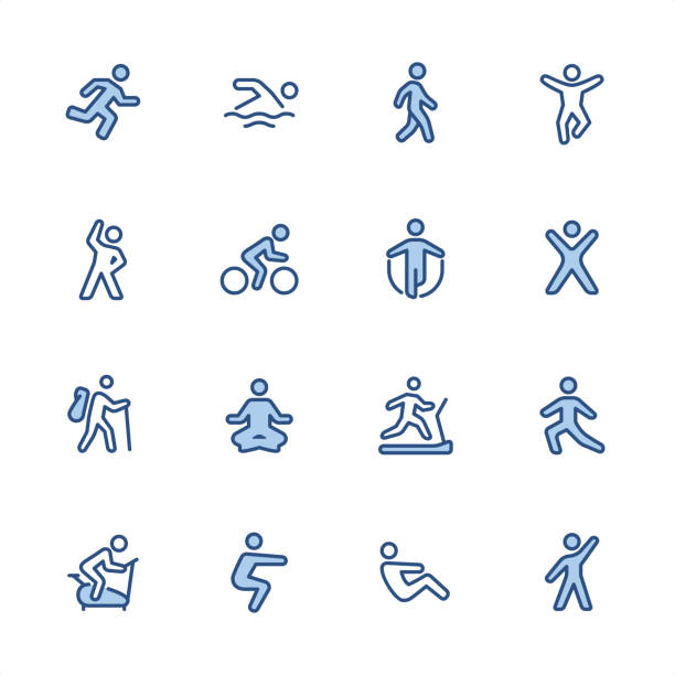 trainieren - pixel perfect blaue umrisssymbole - treadmill gym isolated running stock-grafiken, -clipart, -cartoons und -symbole
