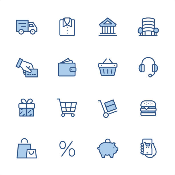 Shopping and E-commerce - Pixel Perfect blue outline icons 16 indigo and blue Shopping & E-commerce icons set #87
Pixel perfect icon 48x48 pх, outline stroke 2 px.
First row of icons contains:
Delivery Truck, Shirt icon, Bank, Shopping Centre;
Second row contains:
Credit Cart Payment, Wallet, Shopping Basket, Headset;
Third row contains:
Gift, Shopping Cart, Hand Truck, Hamburger;
Fourth row contains:
Shopping Bag, Sales, Piggy Bank, Online Shopping.
Complete Indigico collection - https://www.istockphoto.com/collaboration/boards/t5bVQfKvf0a-h6WHcFLuIg indigo truck stock illustrations
