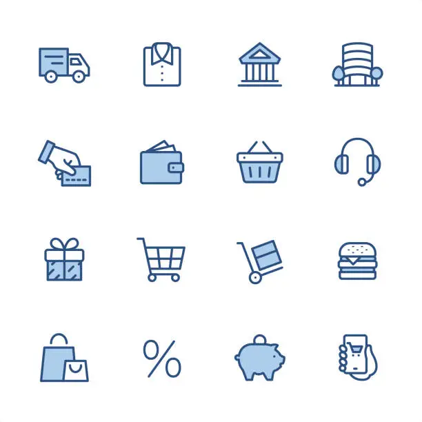 Vector illustration of Shopping and E-commerce - Pixel Perfect blue outline icons