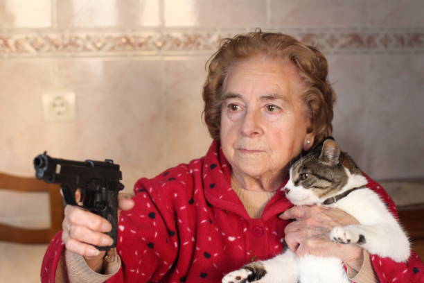 zabawna pani chroniąca swojego kota - kontrola broni zdjęcia i obrazy z banku zdjęć